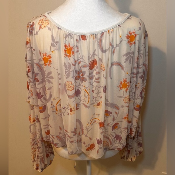 FREE PEOPLE Wildflower Honey Cream Floral Mesh Long Sleeve Top Size Small - Picture 3 of 6